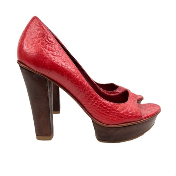 Schutz shoes women's 6 red leather reptile skin peep toe platform stiletto heels - Picture 1 of 13
